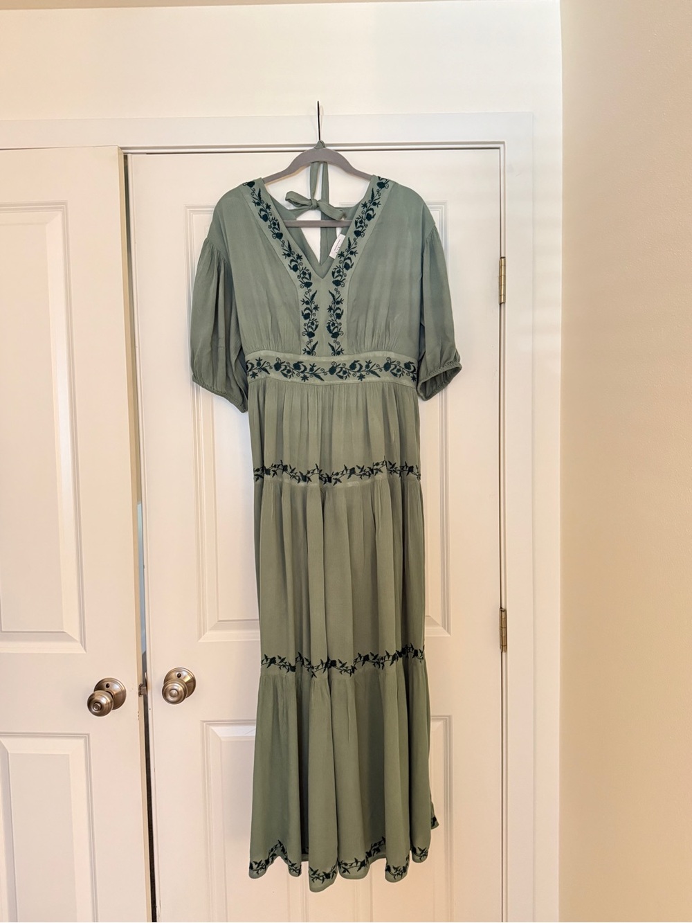 bohme Sage Green Maxi Dress with Dark Floral Embroidery